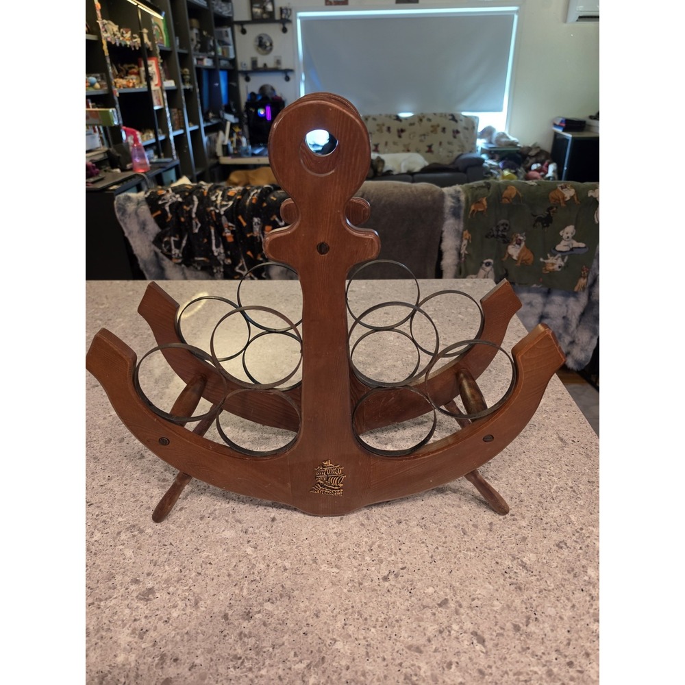 Vintage Nautical Anchor Wooden Wine Rack – Holds 6 Bottles – Maritime Bar Decor